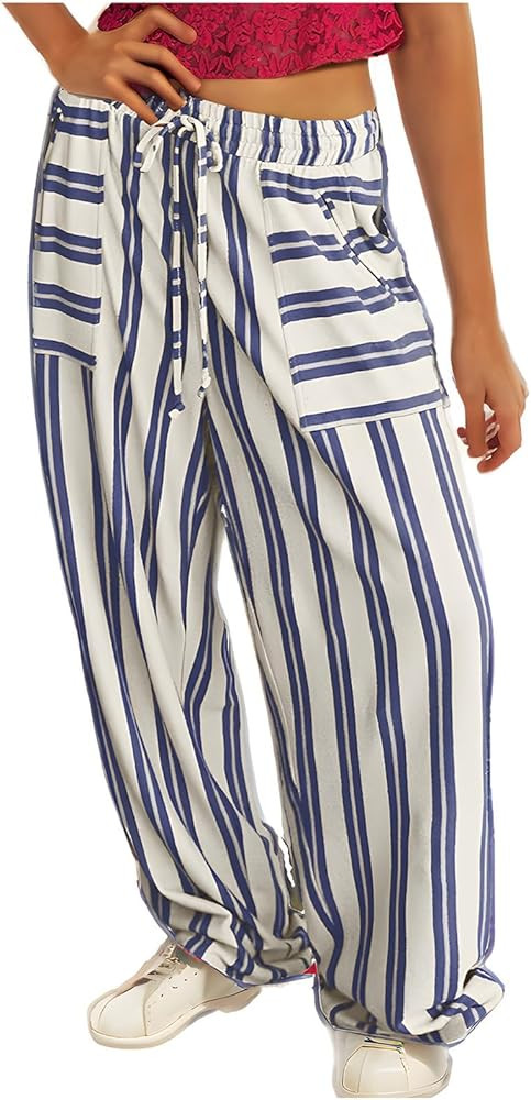 Striped Pants for Women Wide Leg Casual Trousers Pants Low Rise Drawstring Loose Lounge Pants wit... | Amazon (US)