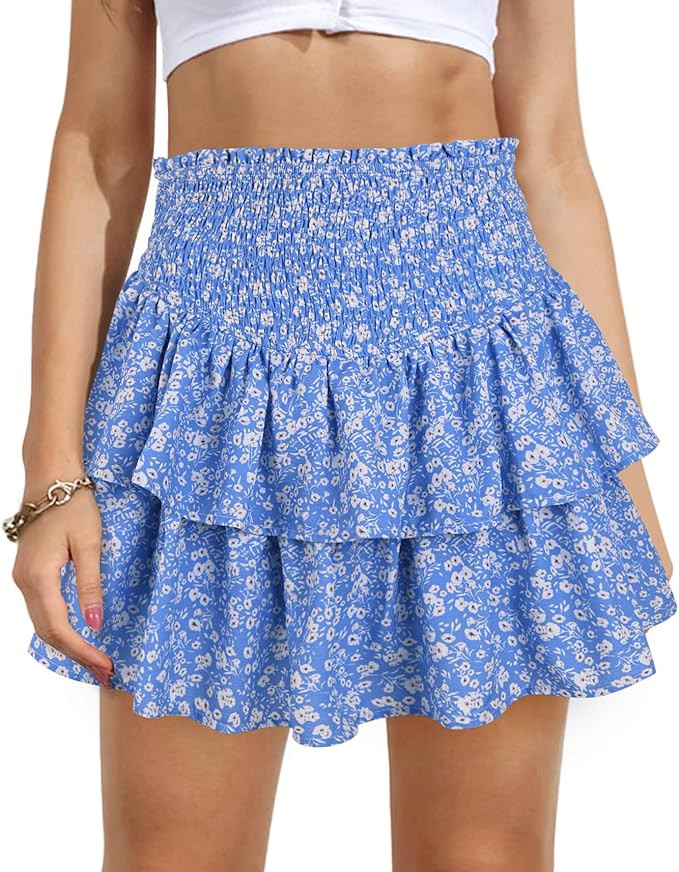 Women's High Waist Ruffle Mini Skirt Cute Tiered Short Skirt with Shorts Underneath | Amazon (US)
