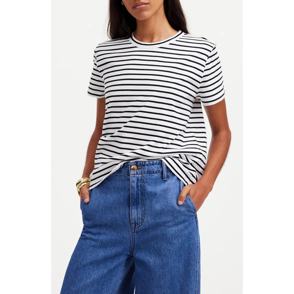Madewell Stripe Perfect Cotton Crewneck Top in Jet Black at Nordstrom Rack, Size Large | Nordstrom Rack