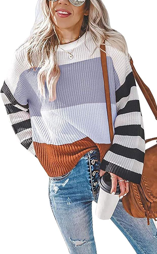 ECOWISH Women Knit Sweaters Color Block Striped Pullover Long Sleeve Scoop Neck Sweater Top | Amazon (US)