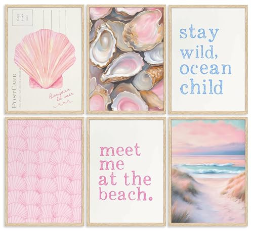 Pink Beach Preppy Wall art Coastal Granddaughter Aesthetic Room Painting Picture Wall Decor Shells Oyster Poster Print Artwork for Girls Room Girls Dorm Home Decoration | Amazon (US)