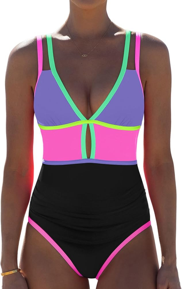 popvil Women One Piece Swimsuit 2026 Tummy Control Sexy Cutout Neon Color Block Bathing Suit Slim... | Amazon (US)