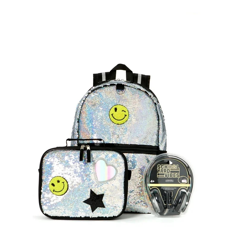 Schoolyard Vibes Sequin Patch Girls 16" 3 Piece Headphone with Lunch Kids Backpack Set, Silver | Walmart (US)