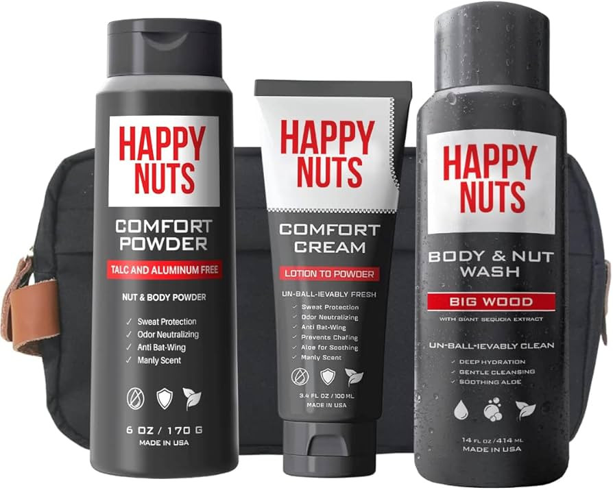 Happy Nuts Starter Sack Bundle Comfort Cream Deodorant, Nut and Body Wash, Comfort Powder, and To... | Amazon (US)