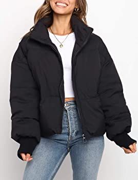 MEROKEETY Women's Winter Long Sleeve Zip Puffer Jacket Pockets Baggy Short Down Coats | Amazon (US)