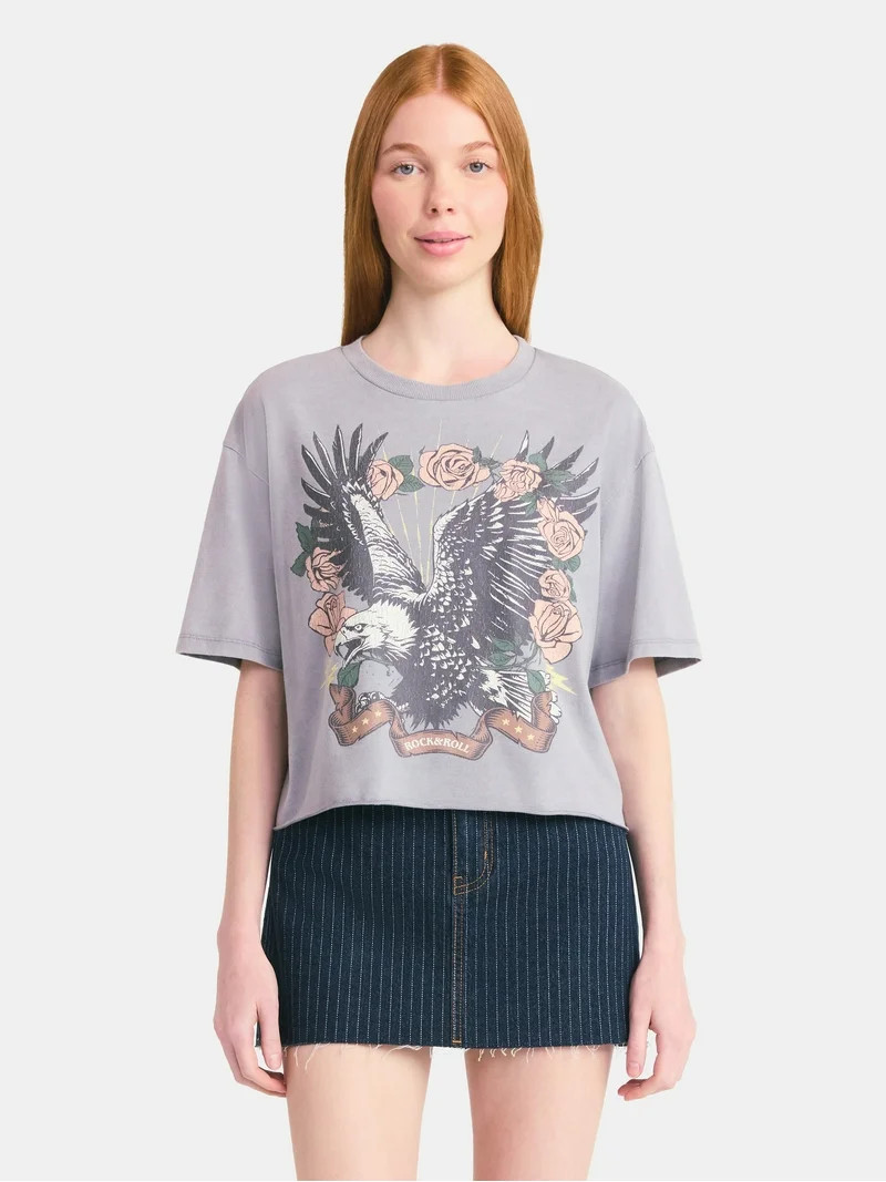 No Boundaries Boxy Cropped Graphic Tee with Short Sleeves, Women's | Walmart (US)