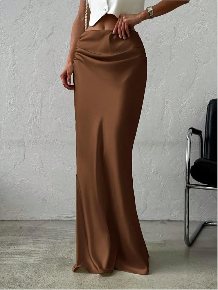 GORGLITTER Women's Long Satin Skirt Ruched Low Rise A Line Evening Party Elegant Office 2026 Spring Maxi Long Skirts Coffee | Amazon (US)