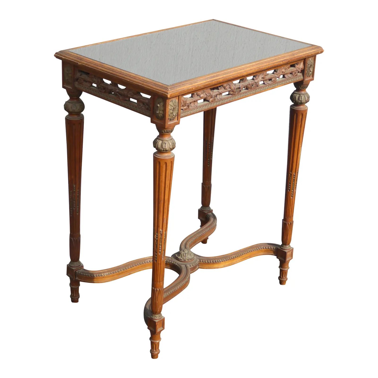 Vintage French Louis XVI Side Entry Table Ornately Carved W Smokey Glass Top | Chairish