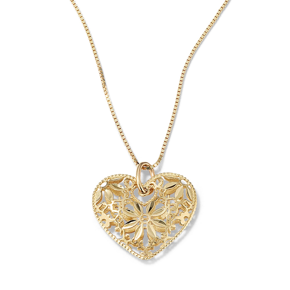 Floral-Lace 14K Yellow Gold Heart Pendant | Shane Co
