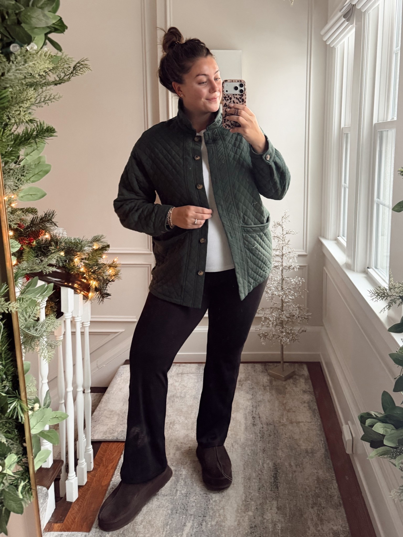 Wearing size XL in quilted shirt jacket, XXL Tall in short sleeve shirt, 18 in leggings. 

#LTKBump #LTKMidsize #LTKSeasonal