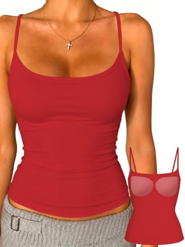 Danysu Women's Basic Double Lined Square Neck Tank Tops Adjustable Cami Tank Summer Sleeveless Going Out Tops Crimson Red X-Small | Amazon (US)