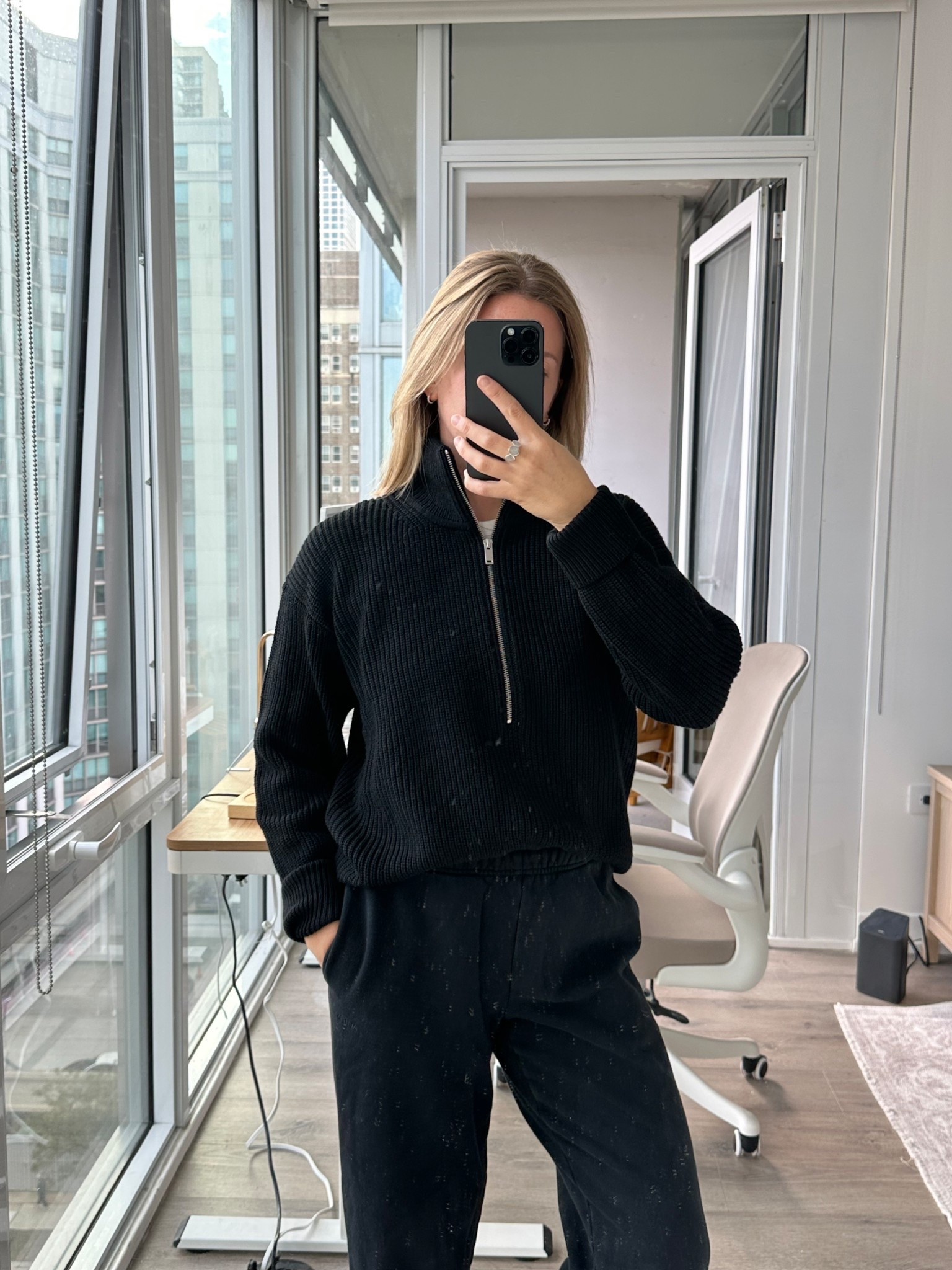 Wearing S in both the sweater and pants!