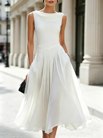 Elegant Plain Pleated Cowl Neck Midi Dress | Stylewe