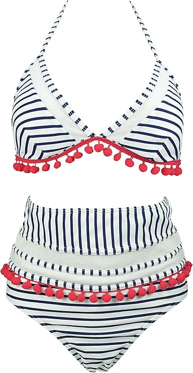 COCOSHIP Women's Mesh Striped High Waist Bikini Set Tassel Trim Top Halter Straps Swimsuit(FBA) | Amazon (US)