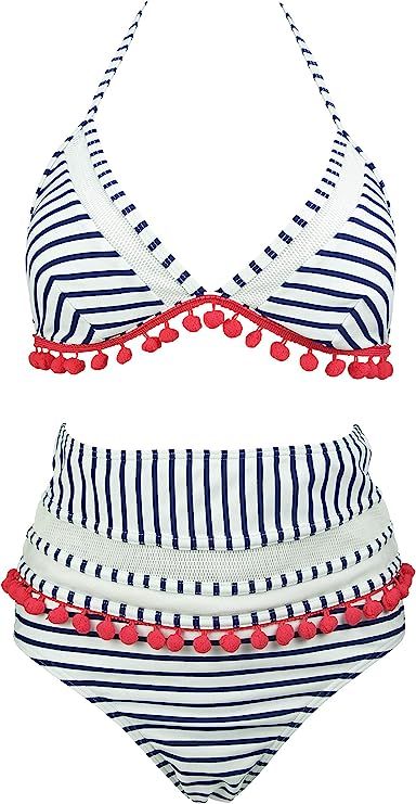 COCOSHIP Women's Mesh Striped High Waist Bikini Set Tassel Trim Top Halter Straps Swimsuit(FBA) | Amazon (US)