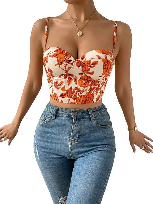 SOLY HUX Women's Casual Floral Print Lace Up Back Sleeveless Spaghetti Strap Bandeau Tube Crop Corse | Amazon (US)