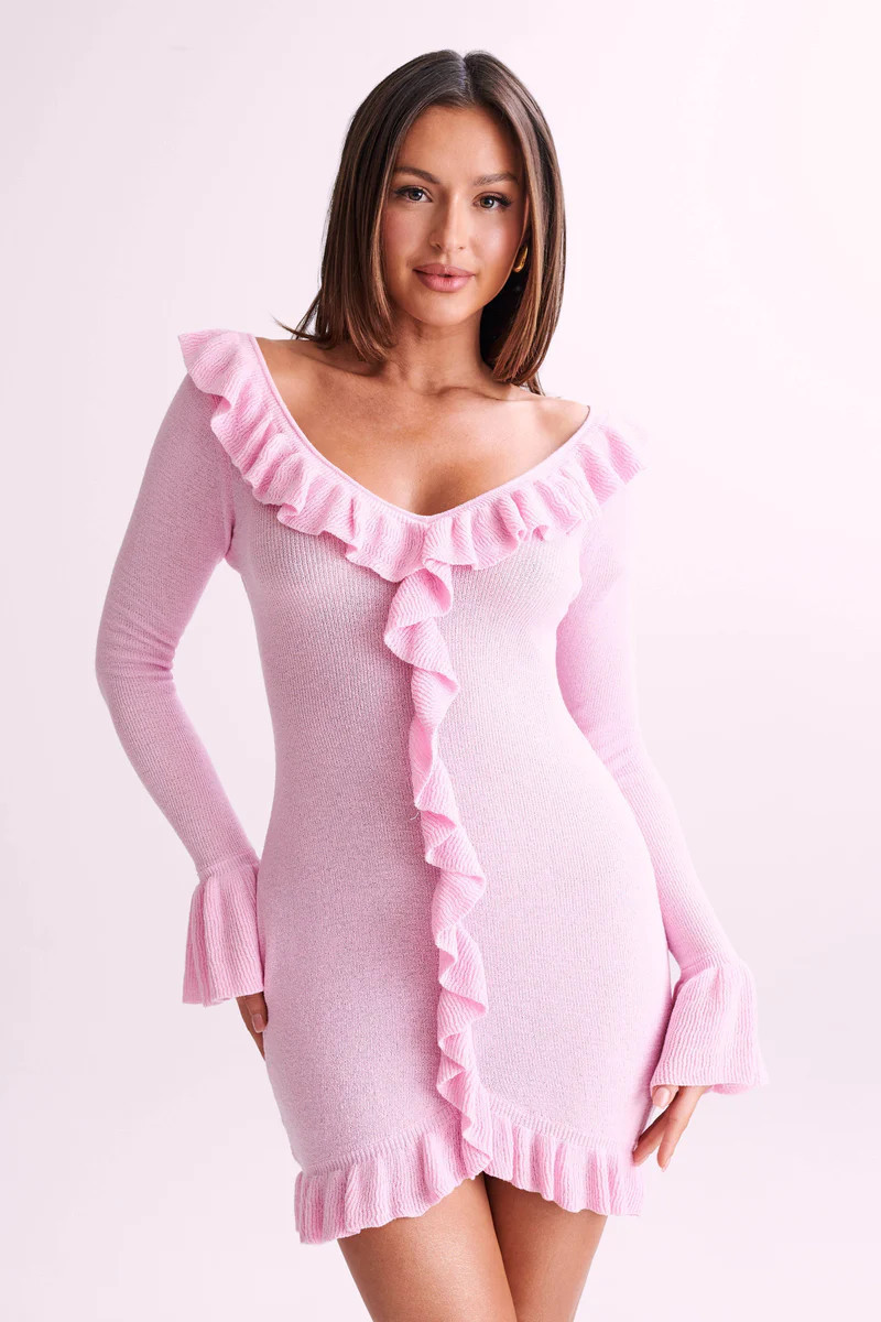 Karolina Knit Mini Dress With Frill - Blush Pink | MESHKI US