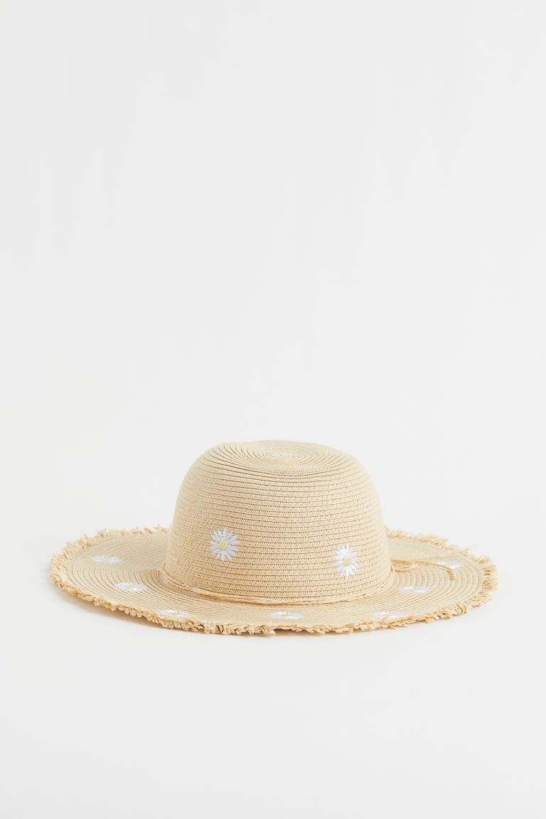 Hat in braided paper straw with embroidered flowers. Twisted band with a bow and wide brim with f... | H&M (US + CA)
