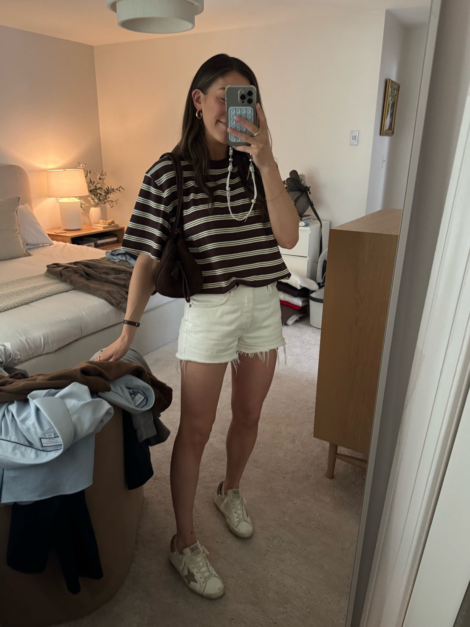 love this tee so much. so comfy and great for broader shoulders. shorts I linked are exact but my wash is older and more of an off-white.
