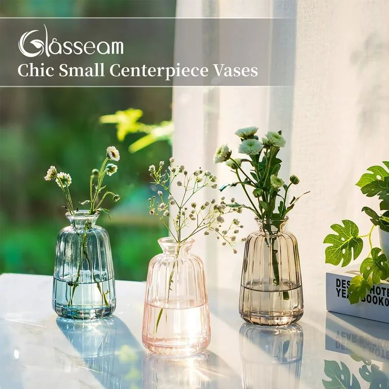 Glasseam Small Glass Bud Vase 4.52"Colorful Cute Ribbed Vases for Flowers Set of 3 (Pink+Grey+Gre... | Walmart (US)