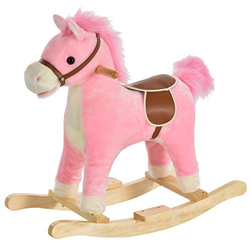 Qaba Rocking Horse Plush Animal on Wooden Rockers, Baby Rocking Chair with Sounds, Moving Mouth, Wagging Tail, Pink | Amazon (US)