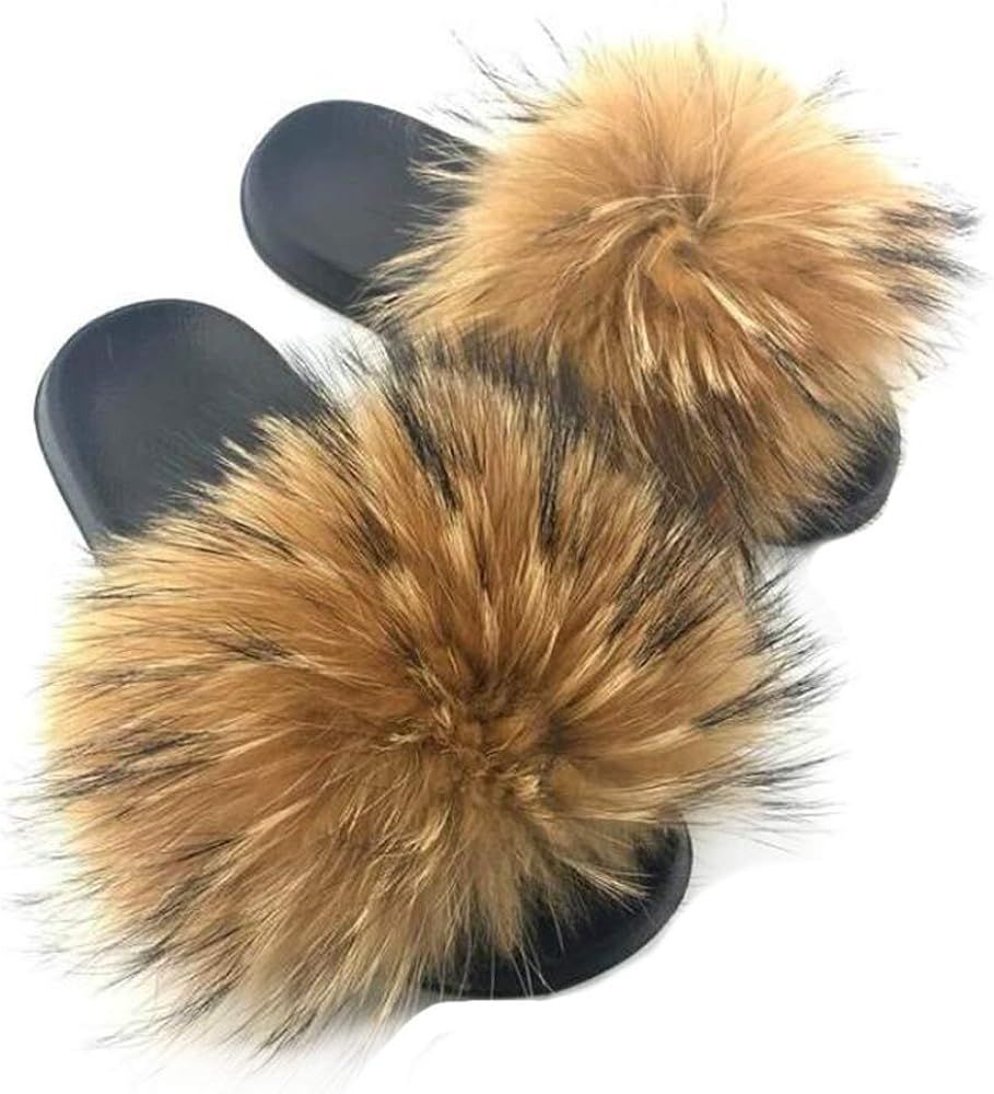 Valpeak Real Fur Slides Slippers for Women Open Toe Flussy Slippers Girls Fox Fur Sandals Furry O... | Amazon (US)