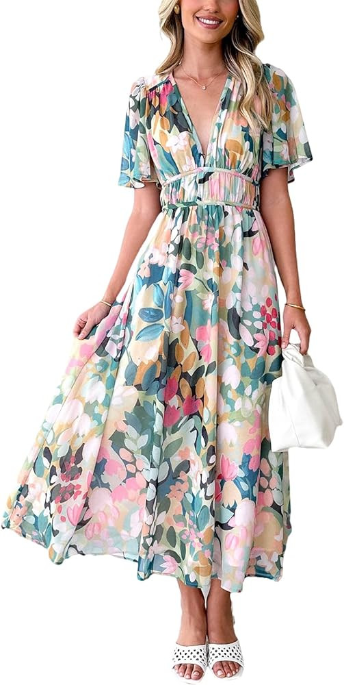 Womens V Neck Flutter Sleeve Boho Midi Dress Summer Wedding Guest Beach Party Long Dresses | Amazon (US)