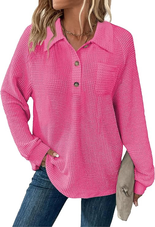 Womens Tops Waffle Knit V-Neck Long Sleeve T-shirts Button Down with Pockets Tunic Fashion Clothi... | Amazon (US)