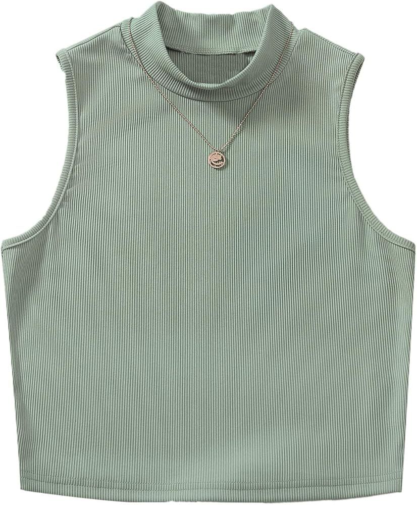 SheIn Women's Casual Mock Neck Sleeveless Crop Tank Top Rib Knit Solid Vest | Amazon (US)