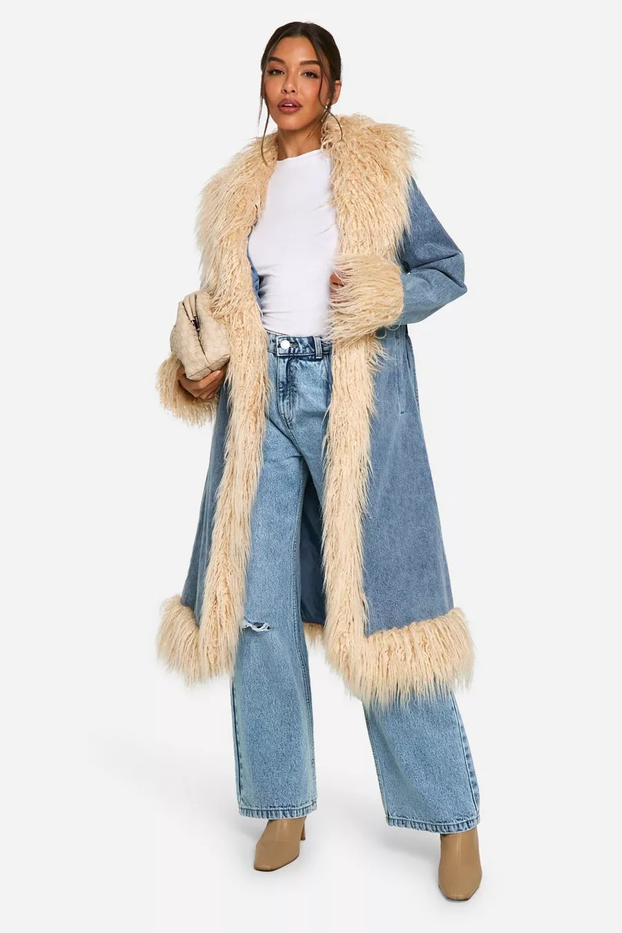 Faux Fur Trim Belted Denim Coat | boohoo (US & Canada)