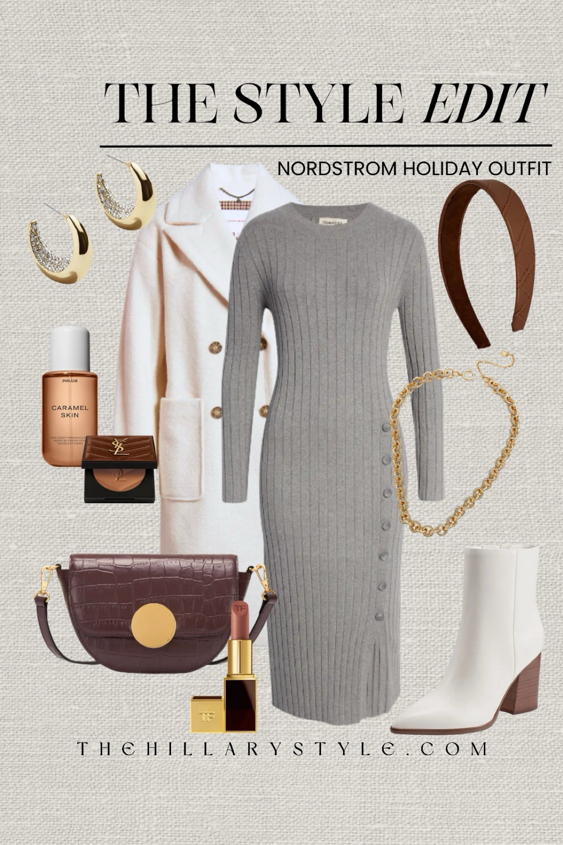 The Style Edit: Nordstrom Holiday Outfit
Ribbed sweaterdress outfit perfect for Thanksgiving or other holiday events. Ribbed sweater dress, wool coat, white ankle boots, chocolate crossbody bag, faux leather headband, pave chain gold necklace, pave gold hoop earrings, lip color, bronzer, body spray. Open Edit, Lucky Brand, Marc Fisher, Oryany, L. Erickson, BaubleBar, Phlur, Tom Fors, Yves Saint Laurent. Thanksgiving outfit, Thanksgiving dress, holiday dress, holiday outfit, sweaterdress outfit. 

#LTKHoliday #LTKStyleTip #LTKOver40
