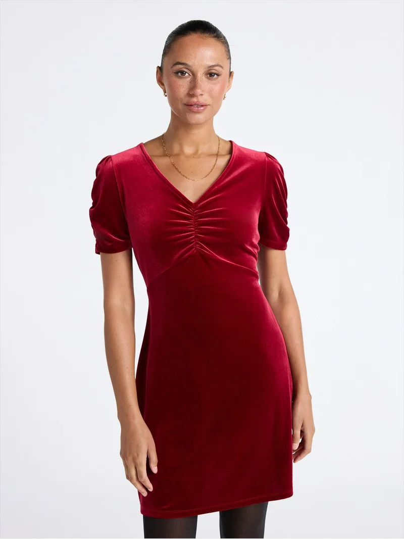 Time and Tru Women's Velvet Mini Dress with Puff Sleeves, Sizes XS-XXXL | Walmart (US)
