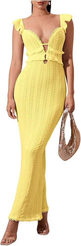 SOLY HUX Women's Maxi Dress Crochet Ruffle Sleeveless Backless Bodycon Long Dresses | Amazon (US)