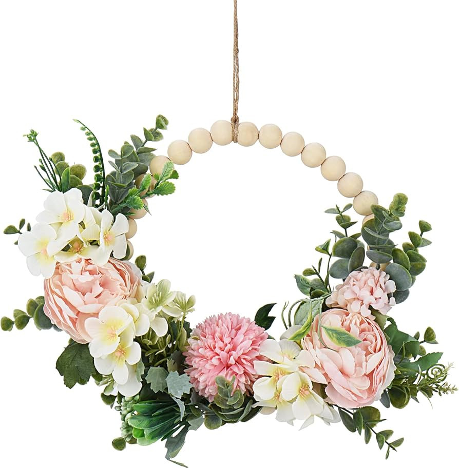 Artificial Flower Wreath,Wood Beads Peony Wreath, Indoor/Outdoor Farmhouse Wreaths for Front Door... | Amazon (US)