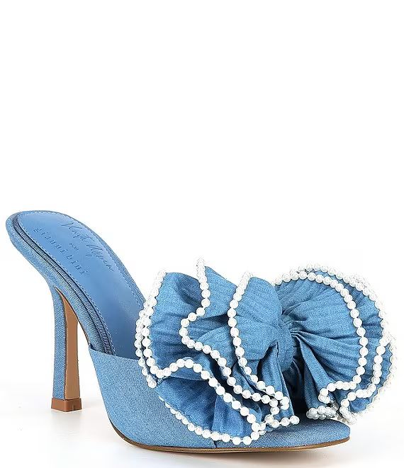 x Venita Aspen Harlow Denim Pleated Pearl Bow Dress Sandals | Dillard's