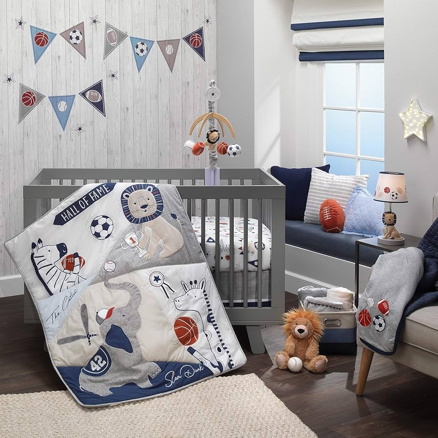Lambs & Ivy Hall of Fame Sports Animals 5-Piece Crib Bedding Set - Gray/Blue | Amazon (US)