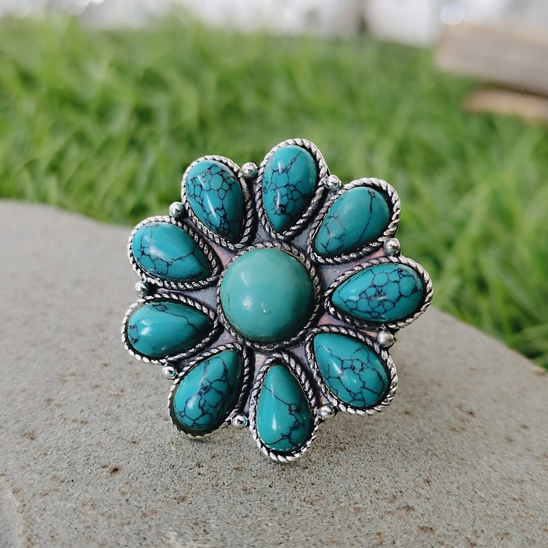 Flower Shape Turquoise Gemstone Boho 925 Sterling Silver Ring Manmade Turquoise Ring Bohemian Rin... | Etsy (US)