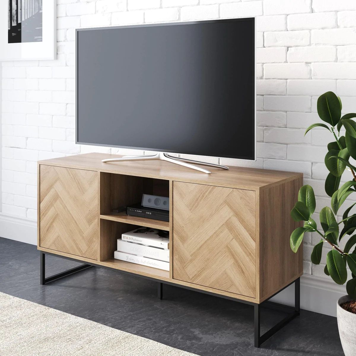 Nathan James Dylan Media Console Cabinet TV Stand with Hidden Storage Herringbone Pattern Wood Me... | Nathan James