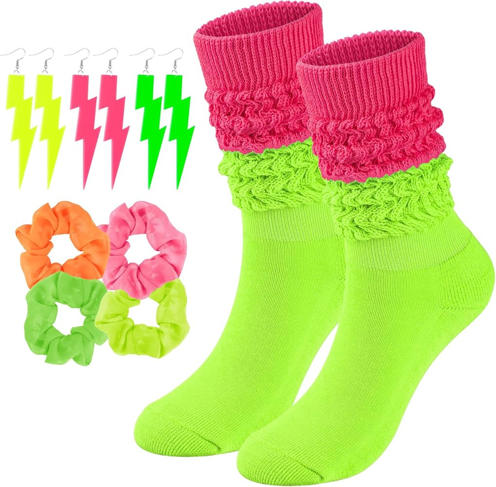 Neon Slouch Socks for Women, 80s 90s Scrunch Knee High Socks with Neon Earrings and Scrunchies fo... | Amazon (US)