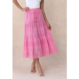 Floret Embroidered Eyelet Cotton Midi Skirt in Hot Pink | Chicwish