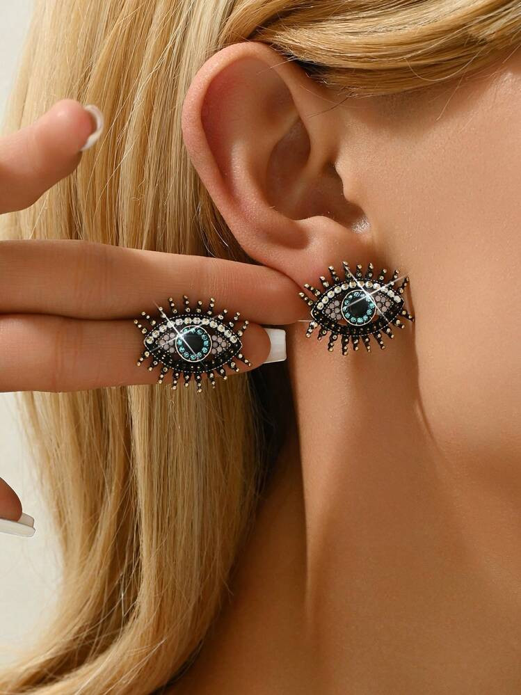 2pcs Fashionable Classic Gothic Devil Eye Jewelry Antique Plated Color Full-Drilled Inlay Alloy W... | SHEIN