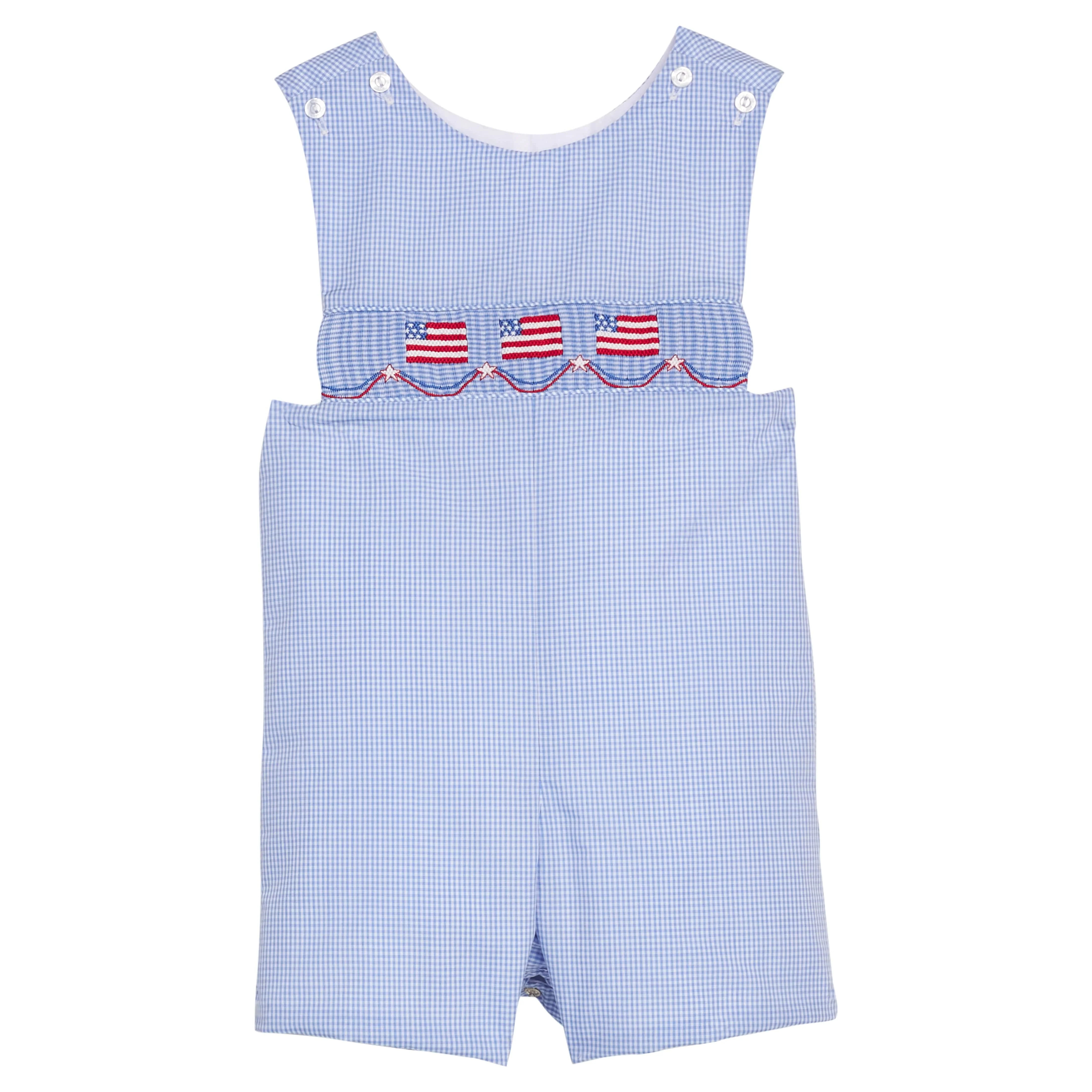 American Flag Smocked Shortall - Royal Gingham Boy Romper | Little English