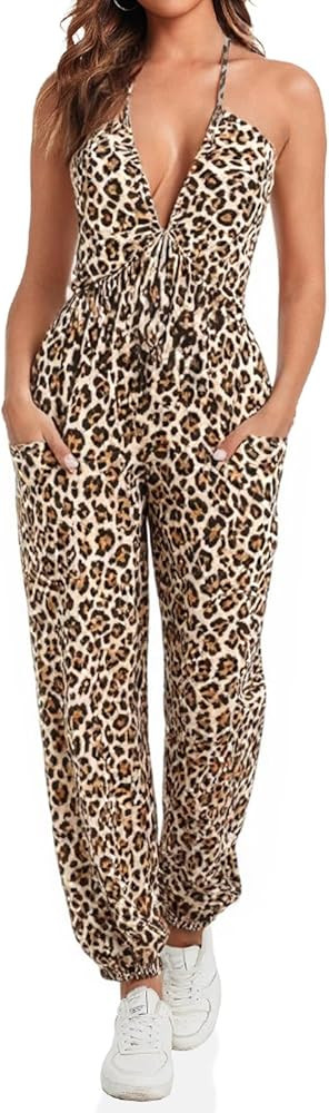 Cicy Bell Women's Sexy Halter Jumpsuits Casual Deep V Nevk Beach Jogger Long Pants Rompers | Amazon (US)