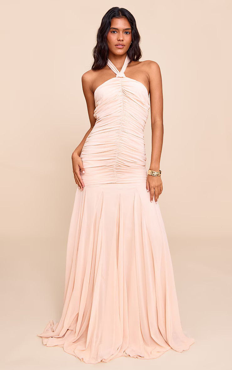 Cream Chiffon Halterneck Ruched Dropped Waist Maxi Dress | Pretty Little Thing (Australia & New Zealand)