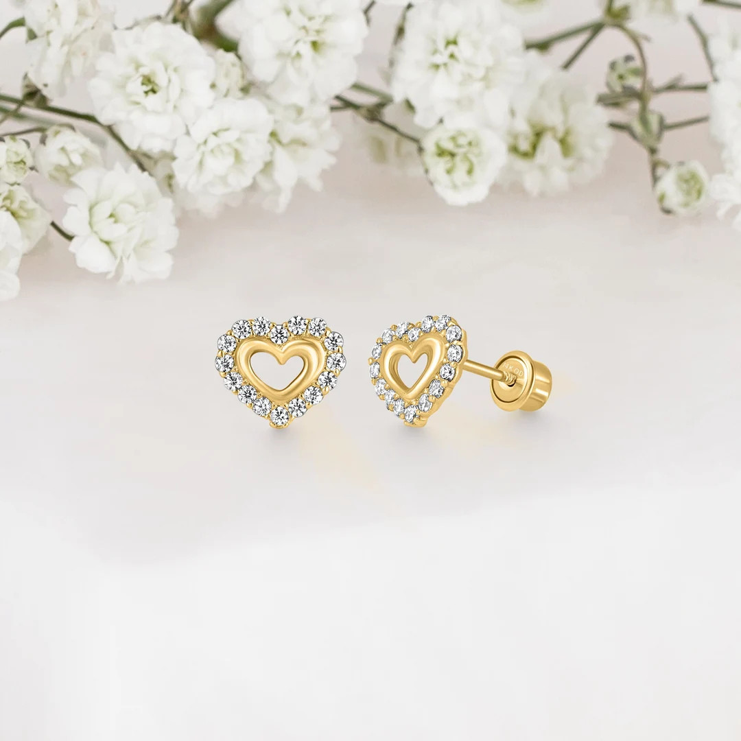 14k Solid Gold Heart Baby Girl Screwback Stud Earrings - Etsy | Etsy (US)