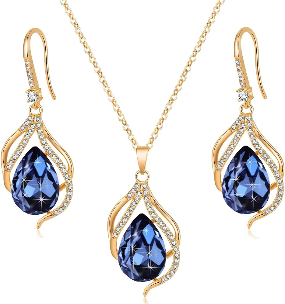 EVEVIC Austrian Crystals Teardrop Hollow Twisted Pendant Necklace Earrings for Women 14K Gold Pla... | Amazon (US)