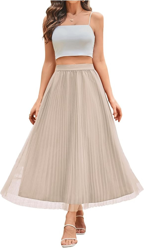 SHENHE Women's Tulle Skirt Mesh Pleated Layered A Line High Waist Elegant Flowy Long Skirt | Amazon (US)