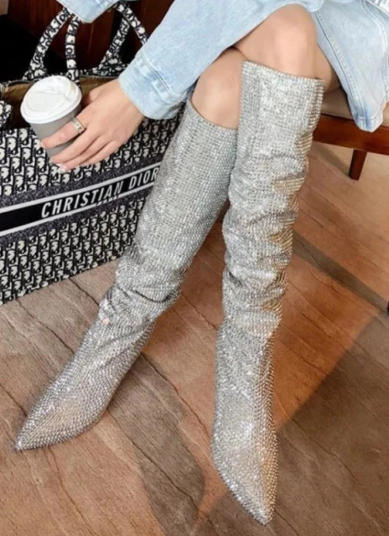 Luxury Rhinestone Women Boots  High Heel Boots  Silver Women | Etsy | Etsy (US)