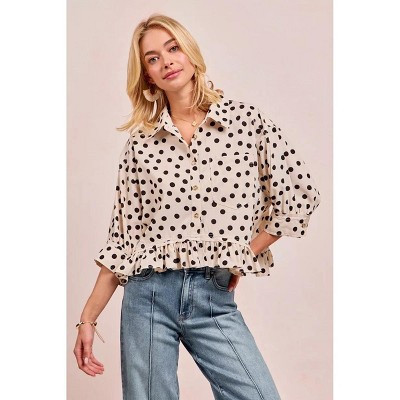 BiBi Polka Dot Printed Peplum Top with Front Button OFF WHITE/BLACK XL | Target
