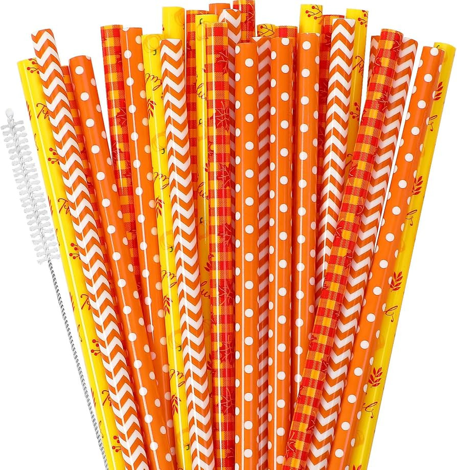 JANYUN 30 Pieces Fall Straws, 9inch Hard Platic Reusable Thanksgiving Drinking Straws Autumn Mapl... | Amazon (US)